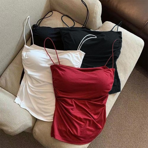 Summer Women's Solid Color Spaghetti Strap Pleated Slim Camisole With Chest Pad - Picture 6 of 19