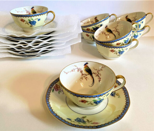 8 Theodore Haviland Limoges Bird of Paradise Chambord Blue Tea Cups & Saucers. 8 Theodore Haviland Limoges Bird of Paradise Chambord Blue Tea Cups & Saucers.