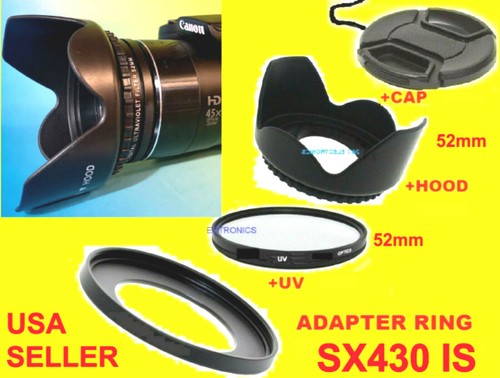 ADAPTER+UV FILTER+LENS HOOD+CAP 52mm CANON POWERSHOT SX430IS,SX430 IS,SX-430IS - Picture 12 of 12
