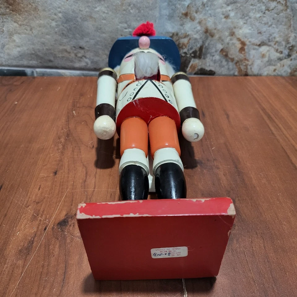 Vintage Nutcracker Wood Soldier Blue Hat Tan Red Pom Pom Wooden Christmas 14" - Image 4 of 4