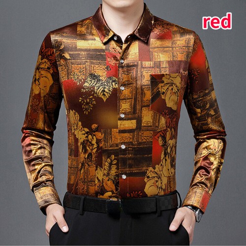 Men Shirt Blouse Velvet Tops Floral Retro Casual Printed Disco Pleuche Flower  - Picture 6 of 8