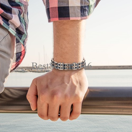 Charm Rose Gold Tone Stainless Steel Link Black Ceramic Women Men Bracelet 7.7" - Picture 4 of 6