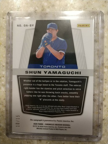 2020 Panini Chronicles Obsidian SHUN YAMAGUCHI RC Red Auto/15 &Bo Bichette Score - Picture 4 of 4