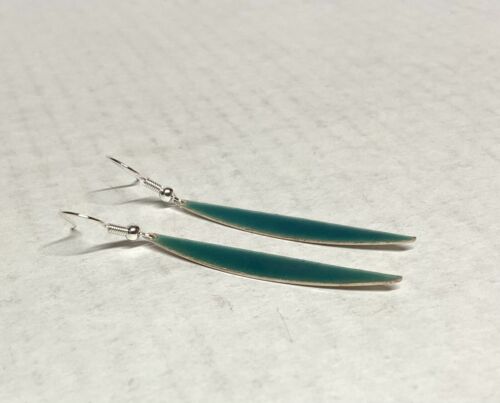 Vintage Green enamel on Silver long Dangle Pierced Earrings- 2" long - Picture 2 of 5