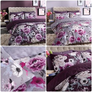 Inky Floral Grey Purple Duvet Cover Single Double King All Sizes