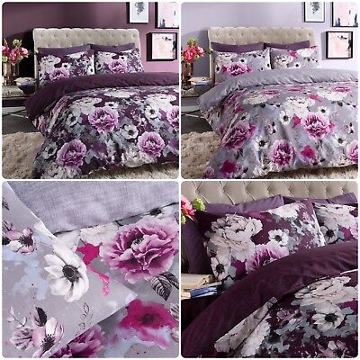 Inky Fl Grey Purple Duvet Cover Single Double King All Sizes Bedding Set Inky Fl Grey Purple Duvet Cover, Purple Bedding Sets King Size