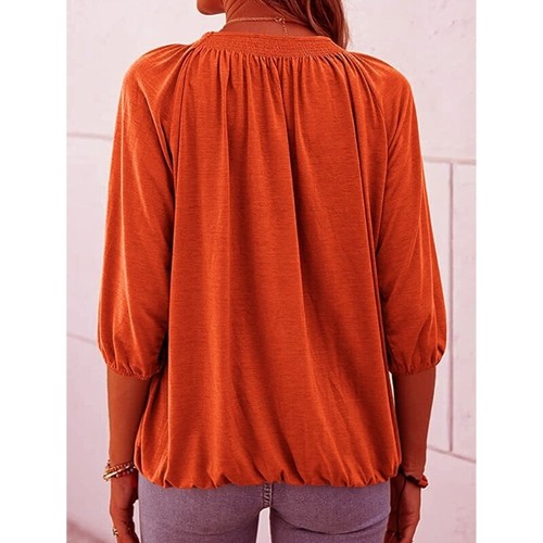 Women Puff Half Sleeve Crew Neck Blouses Casual Loose Solid Color Pleated Shirts - Picture 5 of 48