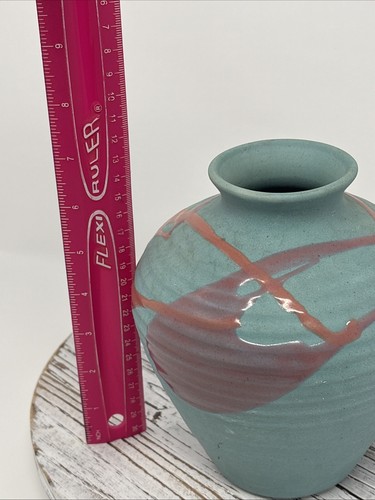 Jarrón de cerámica vintage TOYO Japón MCM esmalte por goteo cerámica rosa turquesa texturizada - Imagen 9 de 9