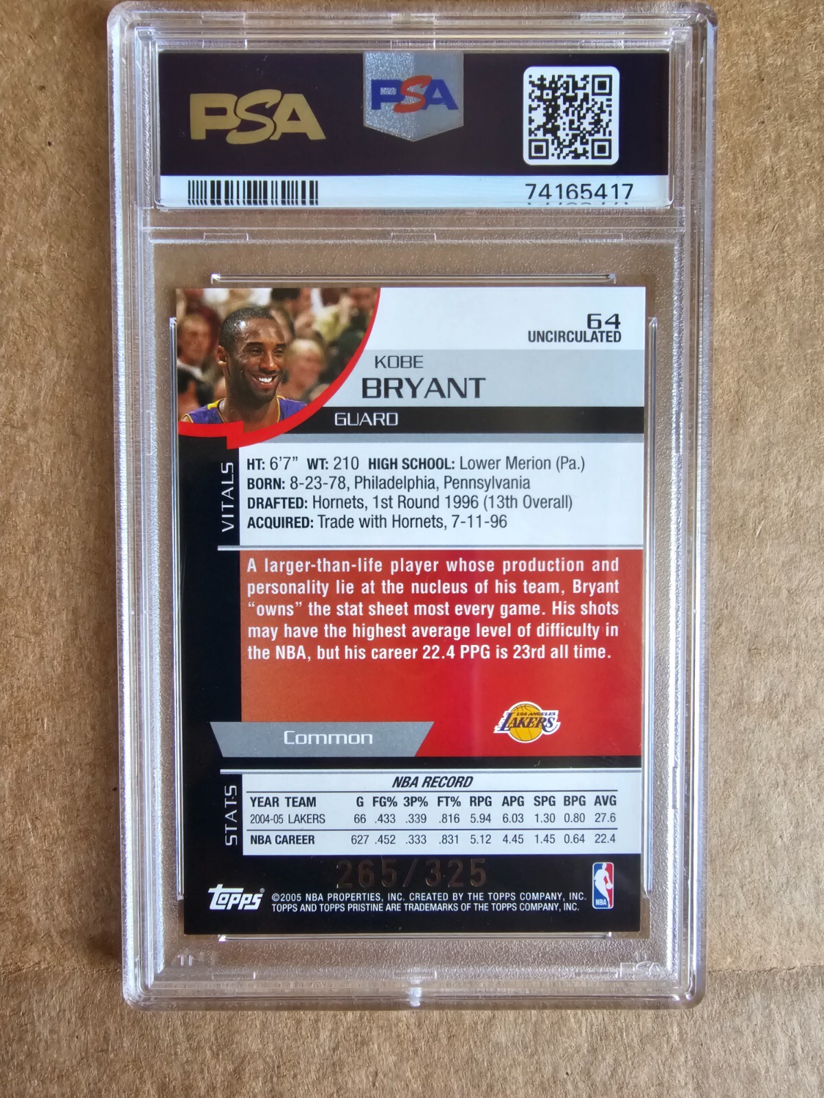 2005 Topps Pristine Kobe Bryant Uncirculated #64 NM-MT #8 #265/325 - Picture 2 of 4