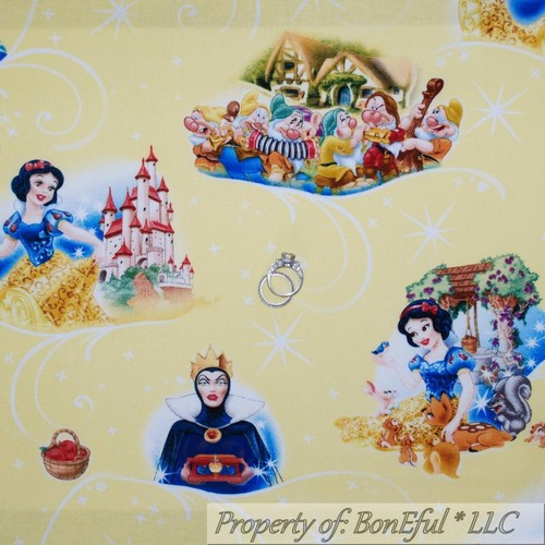 BonEful Fabric FQ Cotton Quilt Yellow Snow White PRINCESS Disney Girl 7 Dwarfs - Picture 10 of 11