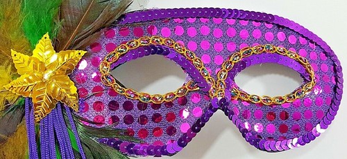 Blue Purple Green Feathered Mardi Gras Delux Hand Held Mask W/Embellishments NEW - Picture 4 of 9