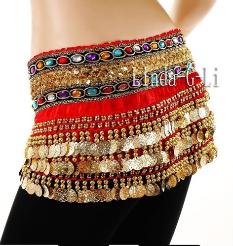 Belly Dance Hip Scarf Skirt Wrap Gold Coins Band Gemstone Velvet 6 colors 9/3 - Picture 15 of 17