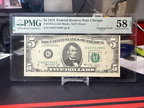 ๐ ERROR Note: 1974 $5 FRN CUTTING ERROR (CHICAGO โGโ ) PMG 58 EPQ - Picture 4 of 6