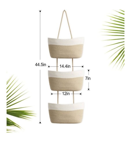 Over The Door Hanging Basket 3tier Woven Cotton Wallmounted Storage Organizer - Picture 8 of 8