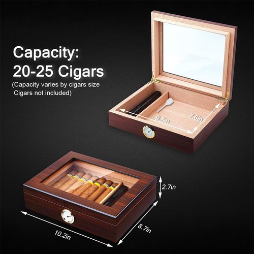 Zigarren Humidor 20-25 Zigarren echte spanische Zeder Handarbeit Glasplatte Hygrometer - Bild 4 von 8