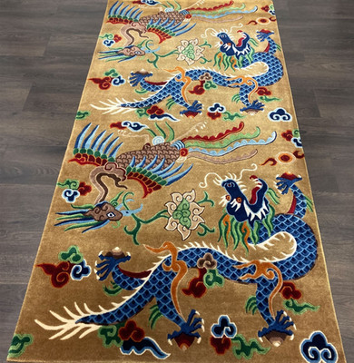 Antique Tibetan Dragon & Phoenix Rug 3x6 Hand Knotted Vintage Style Wool Carpets
