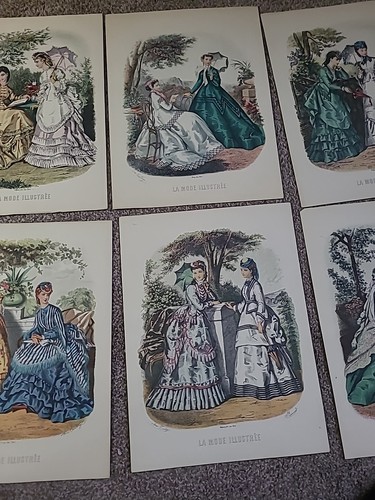 Set aus 7 antiken viktorianischen französischen Modedrucken La Mode Illustree fertige Rahmung - Bild 3 von 7