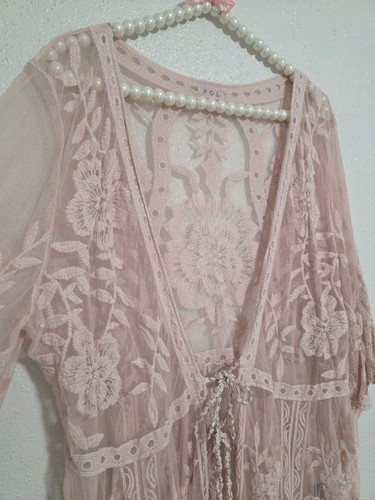 POL Pink  Floral Lace Embroidered Duster Open Cardigan Kimono Coverup S/M - Picture 6 of 12