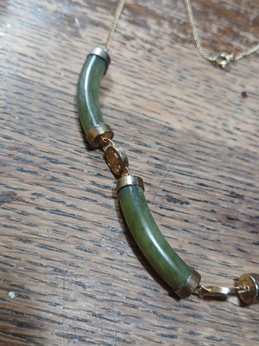 1/20 12K GOLD GEFÜLLTE KETTE mit ANHÄNGER GRÜNE JADE STÄBE RÖHRE PERLE NEPHRIT VERGOLDET 21" - Bild 4 von 11