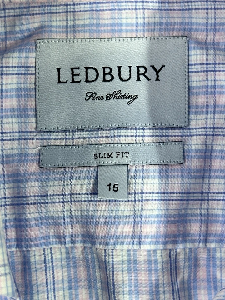 Ledbury 修身衬衫 15 蓝色粉红色格子正装衬衫男式纽扣长袖 — 第 2/3 张图片