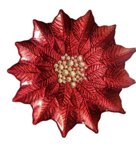 Vidrio Turco Rojo Poinsettia con Plato Central Dorado Bandeja 9" Decoración Navidad Vacaciones