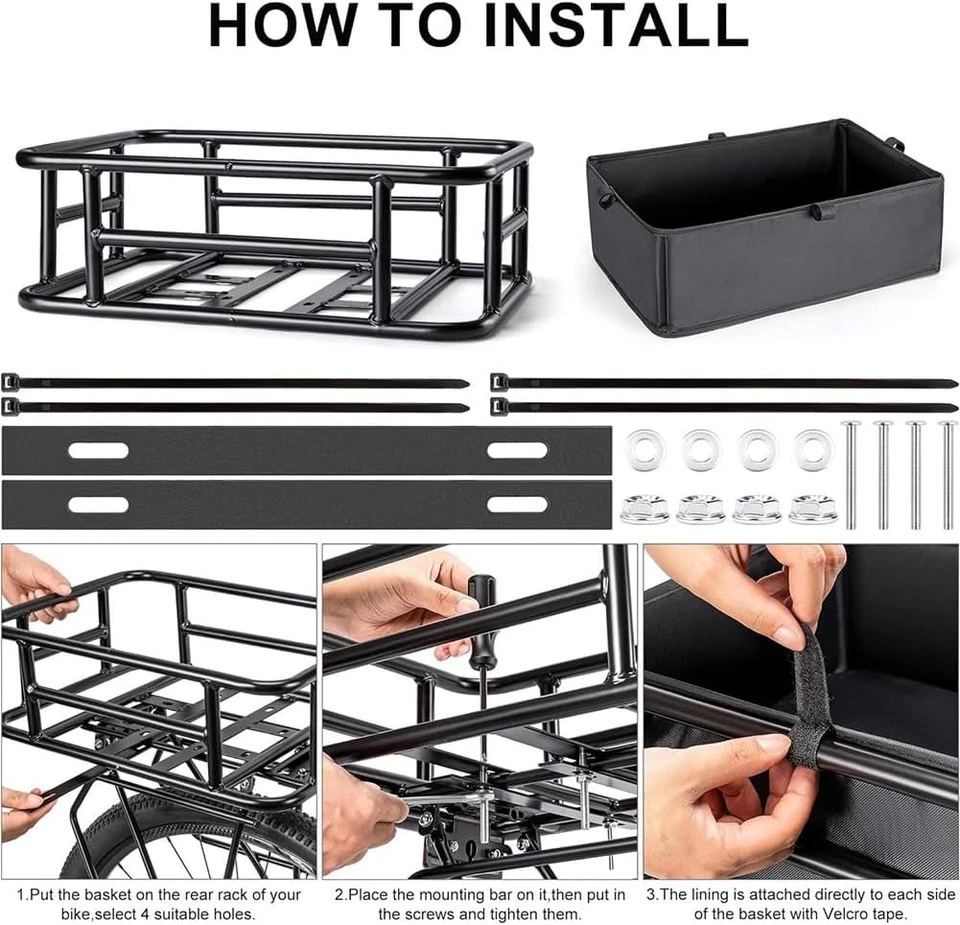 Rear Bike Basket W/ Liner Cargo Net Bicycle Rack Basket E-bike Electric Bike - Image 3 of 4
