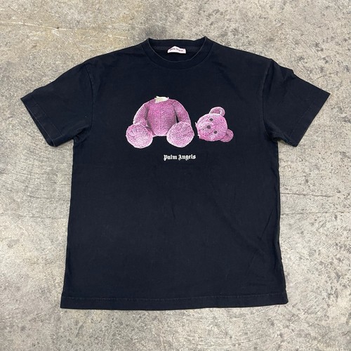 AUTÉNTICA Camisa Palm Angels Adulto Grande Negra Diseñador Rosa Oso de Peluche Logo RARA