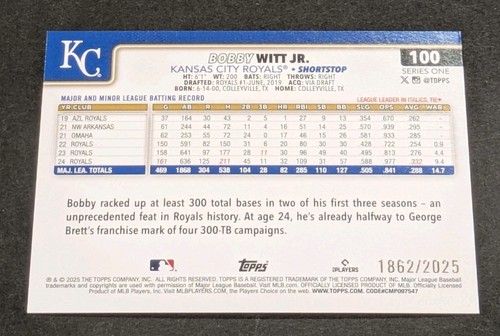 2025 Topps Bobby Witt Jr GOLD Border /2025 Kansas City Royals Series One #100 - Bild 4 von 4