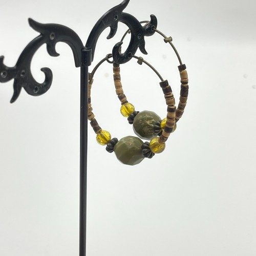 Boho Beaded Hoop Earrings Earth Tone Wood Lucite Beads Lightweight Rustic Style - Picture 7 of 8