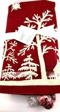 RED POTTERY BARN SLEIGH BELL CREWEL EMBROIDERED TABLE THROW 50” X 50"