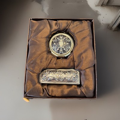 Beautiful Argento Sc Compact Mirror & Lipstic Holder Set New In The Original Box