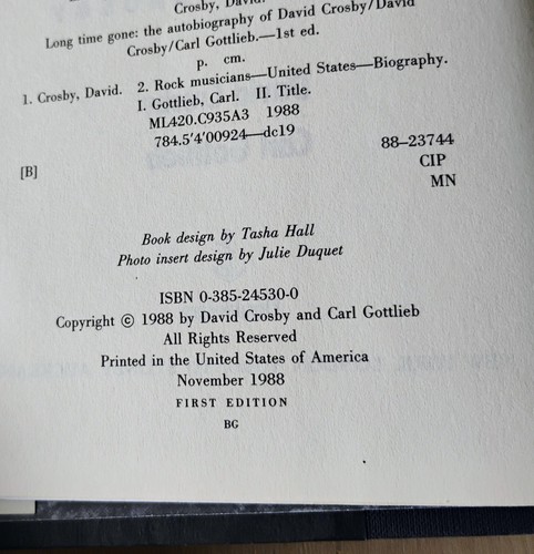1988 Doubleday 1st Edition DAVID CROSBY Biographie LONG TIME GONE very clean EX - Bild 5 von 10