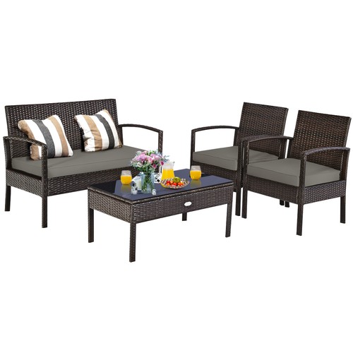 4PCS Outdoor Patio Rattan Furniture Set Cushioned Sofa Coffee Table Deck - Picture 8 of 8