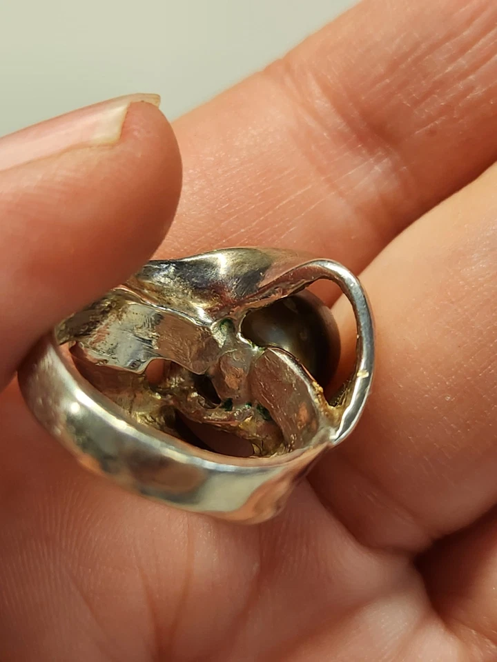 Anillo retro de plata de ley 925 con perlas negras talla 6 JNS Foto 4 de 4
