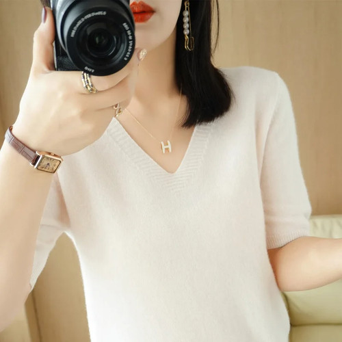 Mujeres Suéteres Mangas Cortas Cuello en V Camisa Camel Pullovers Jerséis - Imagen 12 de 35
