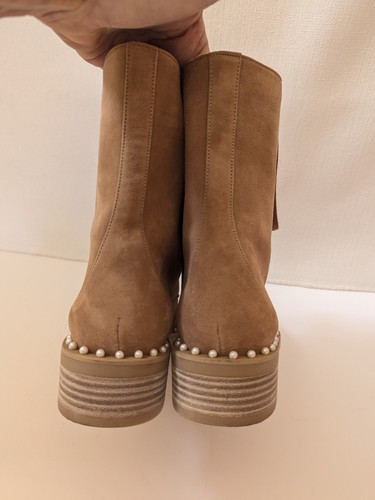 Stuart Weitzman Sondra $695 Beige Suede Pearl Embellished Combat Boots Sz 9 - Picture 4 of 13
