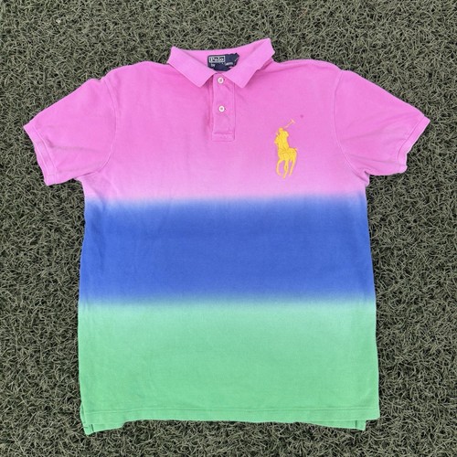 VTG Polo Ralph Lauren Shirt L Pink Colorblock Ombre Dip Dye Big Pony Gradient - Picture 1 of 6