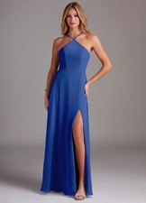 AZAZIE BAILEY Royal Blue A-Line Halter Side Slit Chiffon Dress