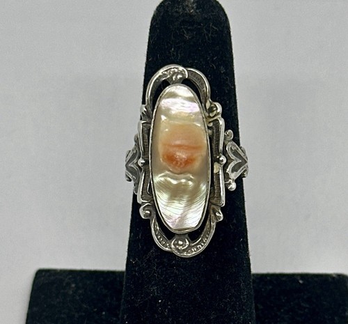 Vintage Sterling Silver Oval BLISTER ABALONE PEARL Band Ring Sz- 5.5 - Picture 1 of 5