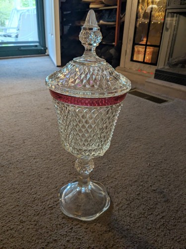 Vintage Indiana Diamond Point Ruby Flash Tall Covered Glass Candy Dish 16 x 5.5 - Picture 2 of 4