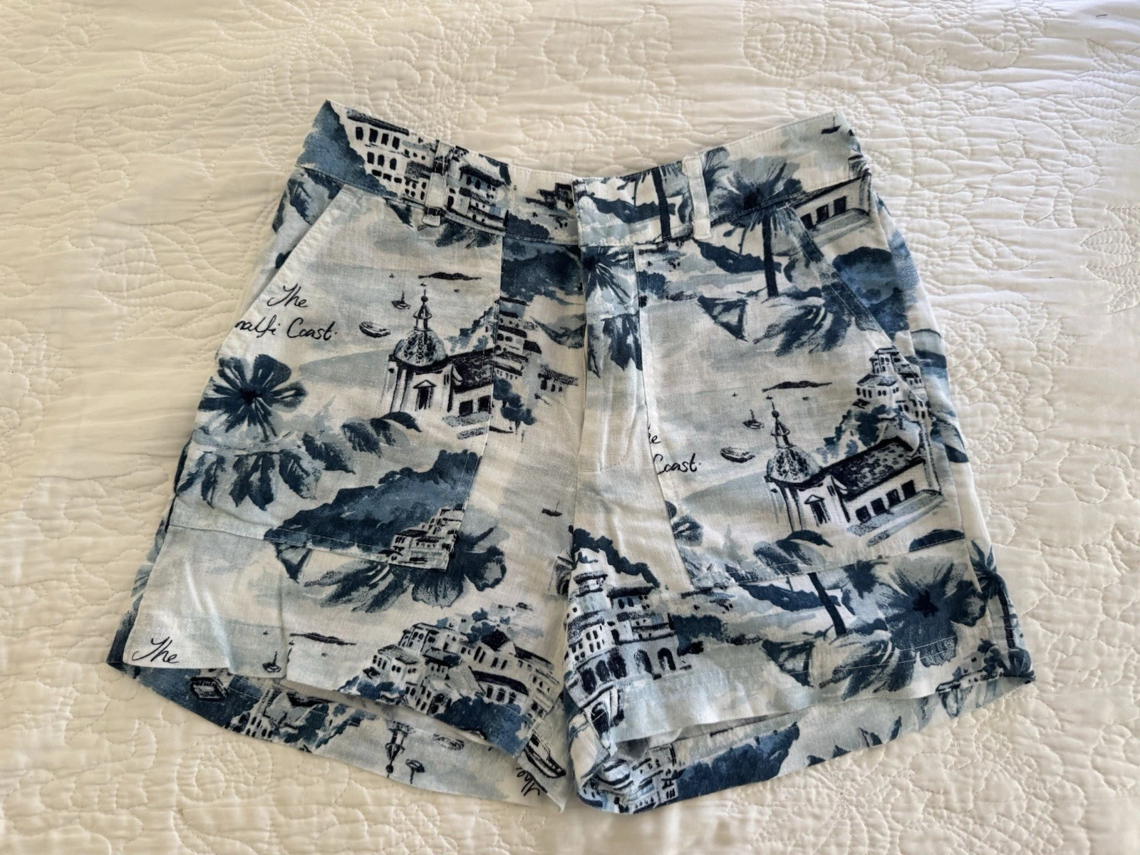 Cynthia Rowley Linen Blue & White Almafi Coast Shorts Size Small