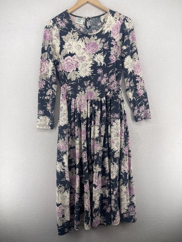 LAURA ASHLEY Dress M Floral Pleated Long Sleeve Vintage Jersey Cotton Blue ITALY