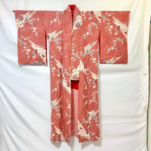 Kimono giapponese vintage Kosode corallo rosa floreale abito seta dal Giappone - Kokuho - Foto 7 di 9