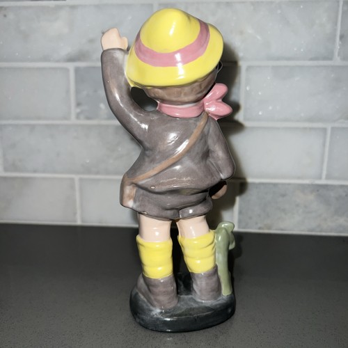 Vintage Boy Figurine With Tan Coat W/Cap Holding Horn Satchel. - Picture 5 of 9