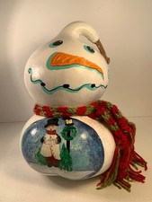 Martha's Gourds Hand Painted Gourd Snowman with Christmas Caroling Scene 11.5 in