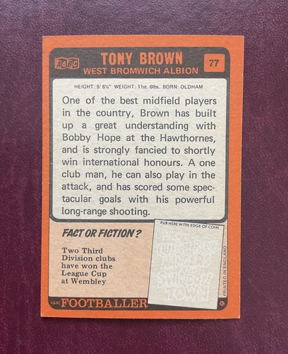 A&BC-1970-FOOTBALL ORANGE BACK -# 77 ~ TONY BROWN of WEST BROMWICH ALBION ~ EXC - Picture 2 of 2