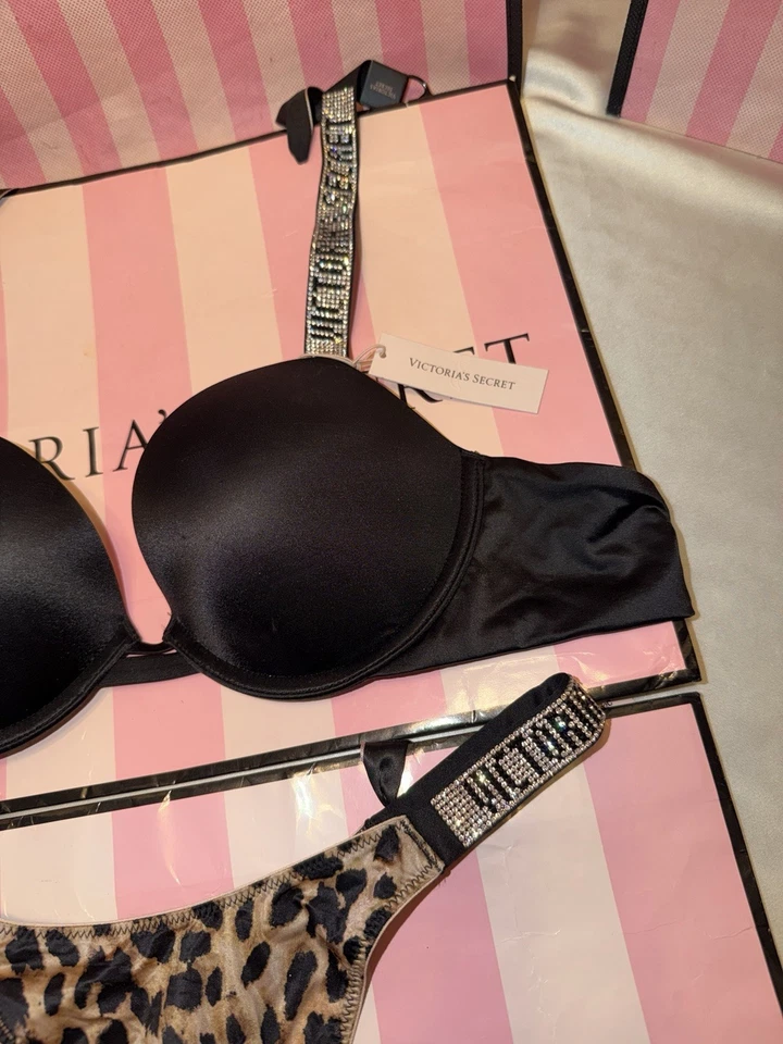 Victoria's Secret Push Up Bra Shine Strap 32C Small Cheetah Thong Last Set - Image 3 of 4