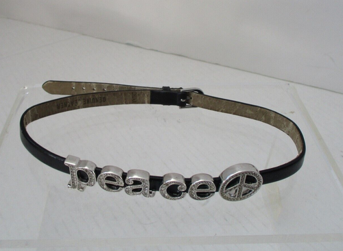 Black Leather Rhinestone PEACE Choker Necklace Vintage Adjustable - Picture 9 of 11