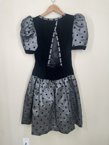 Vintage 80s Victor Costa Velvet Polka Dot Party Dress S/M Drop Waist Formal Prom - Picture 5 of 16