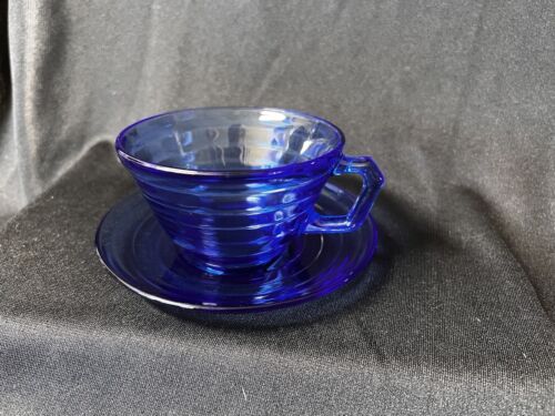 Set of 4 Cups and Saucers Hazel Atlas Moderntone Cobalt Blue Depression Glass - Picture 8 of 14